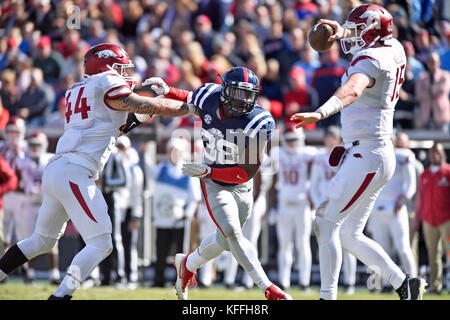 Oxford, MS, USA. 28th Oct, 2017. Mississippi defensive end Marquis Haynes (38) rushes past an Arkansas player while pressuring the quarterback during the first quarter of a NCAA college football game on October 28, 2017, at Vaught-Hemmingway Stadium in Oxford, MS. Arkansas won 38-37. Austin McAfee/CSM/Alamy Live News Stock Photo