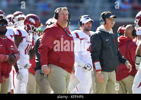 Oxford, MS, USA. 28th Oct, 2017. Arkansas coach Bret Bielema watches a replay during the third quarter of a NCAA college football game against the Mississippi Rebels on October 28, 2017, at Vaught-Hemmingway Stadium in Oxford, MS. Arkansas won 38-37. Austin McAfee/CSM/Alamy Live News Stock Photo