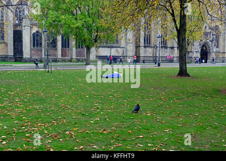 Bristol, UK. 28th October, 2017. A homeless person sleeps on College Green, close to the cathedral and the city council offices. A recent National Audit Office report which used data collected in Bristol and seven other local authorities, suggests that the number of rough sleepers in England increased by 134% between 2010 and 2016. Keith Ramsey/Alamy Live News Stock Photo