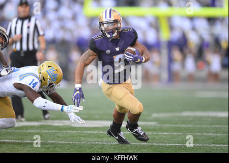 Seattle, WA, USA. 28th Oct, 2017. UW taileback Myles Gaskin (9) in action during a PAC12 football game between the UCLA Bruins and the Washington Huskies. The game was played at Husky Stadium on the University of Washington campus in Seattle, WA. Jeff Halstead/CSM/Alamy Live News Stock Photo