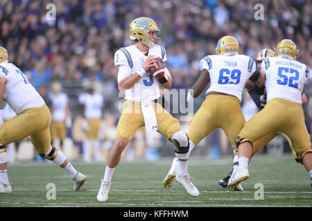 Seattle, WA, USA. 28th Oct, 2017. UCLA quarterback Josh Rosen (3) sets up to pass during a PAC12 football game between the UCLA Bruins and the Washington Huskies. The game was played at Husky Stadium on the University of Washington campus in Seattle, WA. Jeff Halstead/CSM/Alamy Live News Stock Photo