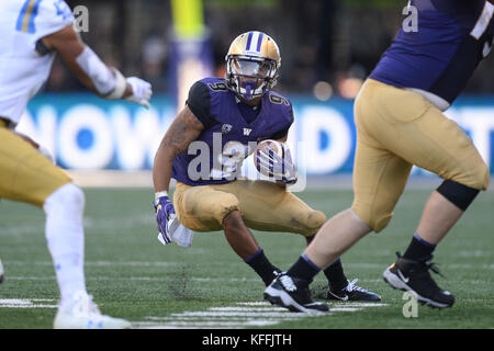 Seattle, WA, USA. 28th Oct, 2017. UW tailback Myles Gaskin (9) looks for running room during a PAC12 football game between the UCLA Bruins and the Washington Huskies. The game was played at Husky Stadium on the University of Washington campus in Seattle, WA. Jeff Halstead/CSM/Alamy Live News Stock Photo