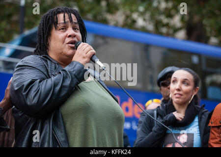 London, UK. 28th October, 2017. Karla Mohammed, mother of Mzee Mohammed, addresses campaigners from the United Families and Friends Campaign (UFFC) following their annual procession in remembrance of family members and friends who died in police custody, prison, immigration detention or secure psychiatric hospitals. Mzee Mohammed, 18, died in July 2016 after being detained by Merseyside police at the Liverpool One shopping centre. Credit: Mark Kerrison/Alamy Live News Stock Photo