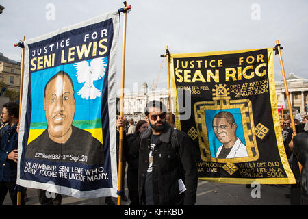 London, UK. 28th October, 2017. Supporters of the Justice for Seni Lewis and Justice for Sean Rigg campaigns prepare to take part in the annual United Families and Friends Campaign procession in remembrance of family members and friends who died in police custody, prison, immigration detention or secure psychiatric hospitals. UFFC was set up in 1997 by families who had lost loved ones at the hands of the state with the intention of challenging systemic injustice. Credit: Mark Kerrison/Alamy Live News Stock Photo