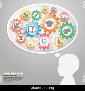 Education Thinking Concept. Children Think with Education icons in Gears. Vector Illustration Stock Vector