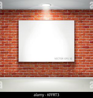 Gallery exhibition interior. Picture frames on brick wall. Vector illustration. Stock Vector