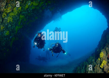 Archway underwater and scuba diver, Sveta Marina, Labin, Adriatic Sea, Mediterranean Sea, Istria, Croatia, MR Yes Stock Photo