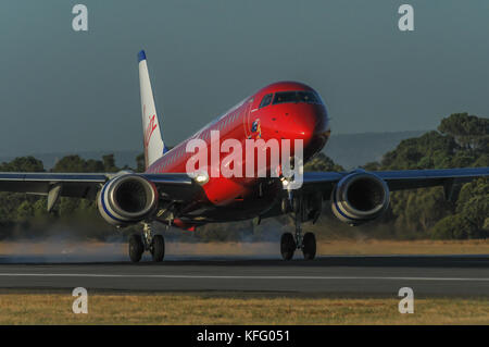 An Embraer 190 airliner, from Virgin Blue, arriving at Perth airport, Western Australia. Stock Photo