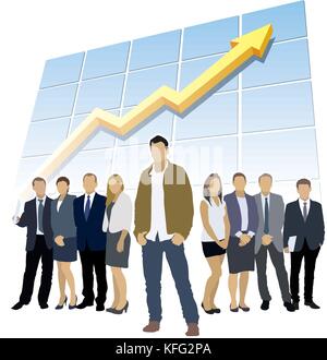 One businessman and a group of people are standing in front of large chart. Stock Vector