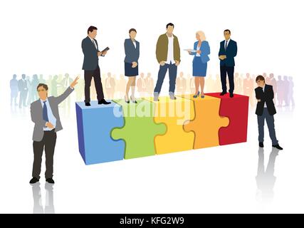 Successful business team is standing on pieces of jigsaw puzzle in front of large crowd of businesspeople. Stock Vector