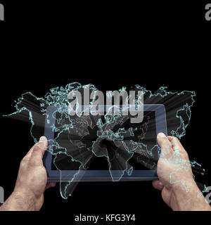 Businessman hands holding tablet with world map on screen Stock Photo