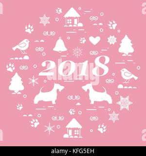 Cute vector illustration of different new year and Christmas symbols arranged in a circle. Winter elements made in line style. Design for postcard, po Stock Vector