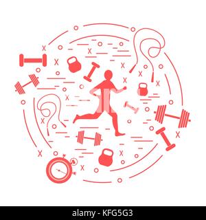 Vector illustration of the jogging man and different kinds of sports equipment arranged in a circle. Including icons of skipping rope, stopwatch, dumb Stock Vector