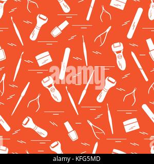 Seamless pattern with variety tools for manicure and pedicure. Personal care. Design for banner, poster or print. Stock Vector