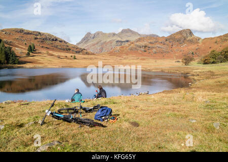 Cyclists enjoying an autumn day at Blea Tarn, Lake District National Park, Cumbria, England, UK Stock Photo