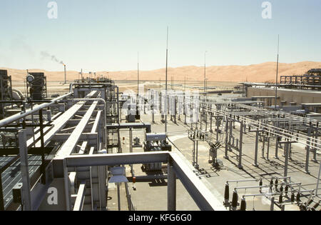 A panorama of the  Shaybah Gas Oil Separation Plant (GOSP), a major gas and oil production facility located in the empty quarter desert of Saudi Arabia, near the border of the UAE. Stock Photo