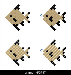 Golden Pixel Fish, Geometric Fish consisting of color Squares, Polygonal Fish Silhouette on white background Stock Vector
