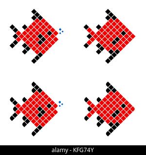 Red Pixel Fish, Geometric Fish consisting of color Squares, Polygonal Fish Silhouette on white background Stock Vector
