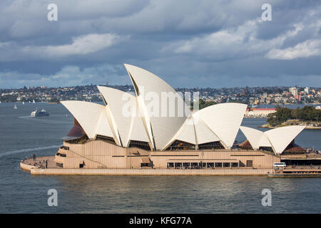 Side view of Sydney Opera House on an overcast grey Sydney day,New South Wales,Australia Stock Photo
