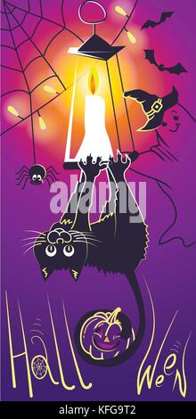 illustration, greeting card, on a Halloween holiday in the form of a funny head-hanging black cat, smiling ghost and pumpkin. Black silhouettes on an  Stock Vector
