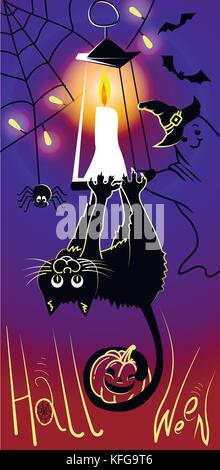 illustration, greeting card, on a Halloween holiday in the form of a funny head-hanging black cat, smiling ghost and pumpkin. Black silhouettes on an  Stock Vector
