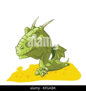 Colorful vector illustration of a cartoon grumpy dragon, laying on a treasure Stock Vector
