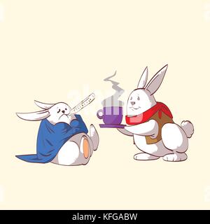 Colorful vector illustration of two cartoon rabbits, one sick and one taking care of the other, serving tea Stock Vector