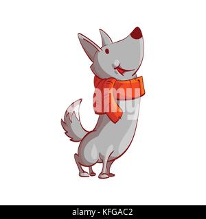 Colorful vector illustration of a cartoon vector wolf with red scarf, smiling, looking up. Stock Vector