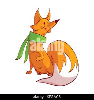 Colorful vector illustration of a cartoon orange fox with a green scarf, smiling Stock Vector