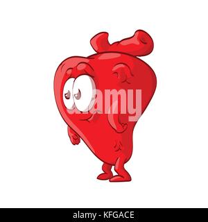 Colorful vector illustration of a cartoon anatomical heart with face, looking shocked, confused or sad Stock Vector