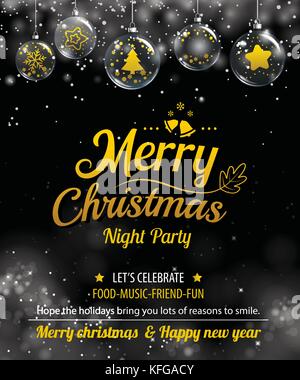 Invitation merry christmas party poster banner and card design template. Happy holiday and new year glass ball theme concept. Stock Vector