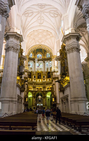 Nave and choir of Metropolitan Holy Cathedral Church of the Incarnation, in baroque style, Granada, Andalucia, Spain Stock Photo