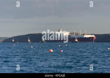 Aamira LNG tanker departs from South Hook LNG terminal, Milford Haven, Pembrokeshire Stock Photo