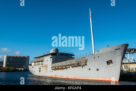 MV Fingal, lighthouse tender ship being converted to luxury floating hotel in Leith Docks, Edinburgh, Scotland, UK Stock Photo