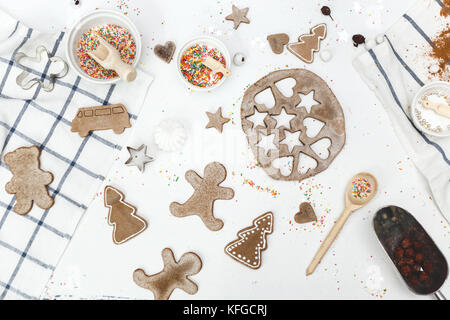 Set ginger cookies of various shapes and confectionery stuff on the table. Top view. Stock Photo