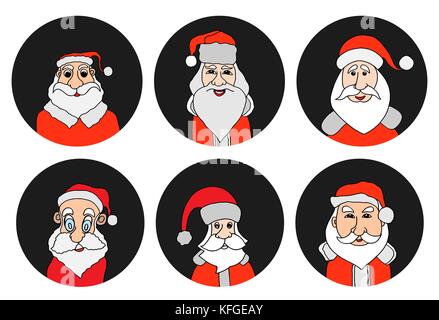 Santa Claus colorful round icons set. Old man with White Beard in Santa Cap. Digital background vector illustration. Stock Vector