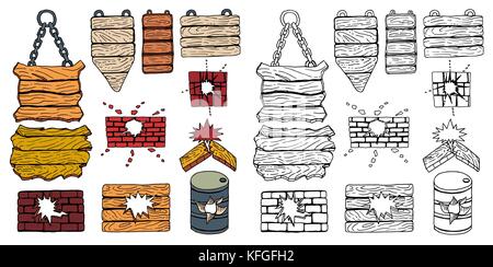 Colored and monochrome grunge wooden signboard and plank, brick wall. Vector illustration Stock Vector