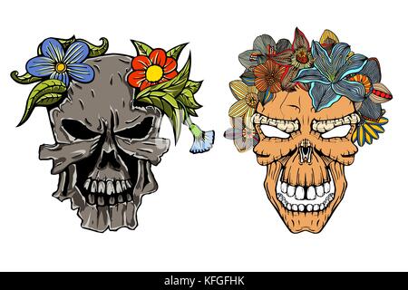 Set of Human terrible skulls with flowers. Vector illustration. Hand drawn image Stock Vector