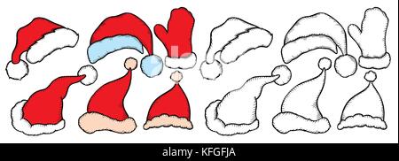 Set colored and monochrome doodle Christmas hats for your creativity. Vector illustration Stock Vector