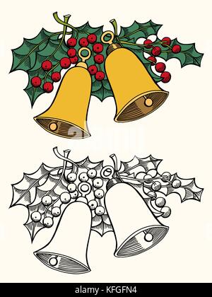 Set of christmas bell hand drawn illustration isolated white background. Stock Vector