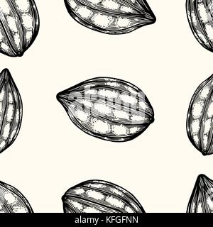Seamless pattern with leaves and fruits of cocoa beans. Vintage black vector hand drawn engraving illustration. Isolated on white background. Stock Vector