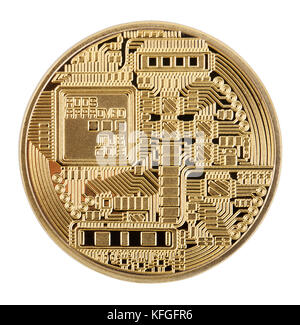 Reverse side of crypto currency golden bitcoin isolated on white Stock Photo