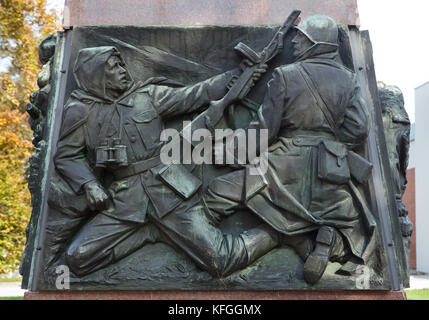 Battle of Sokolovo depicted in the bas relief on the base of the Monument to Otakar Jaroš by Czech sculptor Oskar Kozák (1958) in Mělník in Central Bohemia, Czech Republic. The Battle of Sokolovo took place in March 1943 next to okolovo near Kharkiv (now in Ukraine), when the on-going attack of the Wehrmacht was delayed by joint Soviet and Czechoslovak forces. Czech military officer Otakar Jaroš was killed in the Battle of Sokolovo and became the first member of a foreign army decorated with the Gold Star of the Hero of the Soviet Union, which was the highest decoration in the USSR. Stock Photo