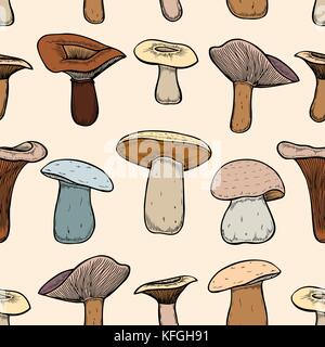 Seamless pattern with amanita forest mushrooms - vector outline hand drawn sketch. Collection of different mushrooms with roots, real edible and poiso Stock Vector