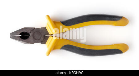 Used black and yellow pliers isolated on white background, top view, closed Stock Photo