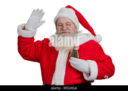 Greeting of Santa Claus with New Year. Portrait of realistic Santa Claus holding little decorative Christmas tree and waving with hand on white backgr Stock Photo