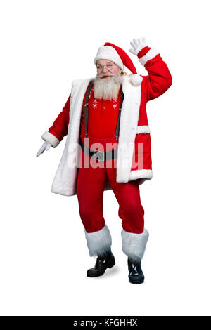 Happy Santa Claus on white background. Cheerful Santa Claus gesturing isolated on white background. Santa Claus, face emotions and expressions. Stock Photo
