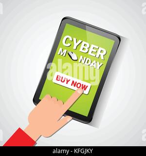 Hand Touch Buy Now Button On Digital Tablet With Cyber Monday Sale Message Stock Vector