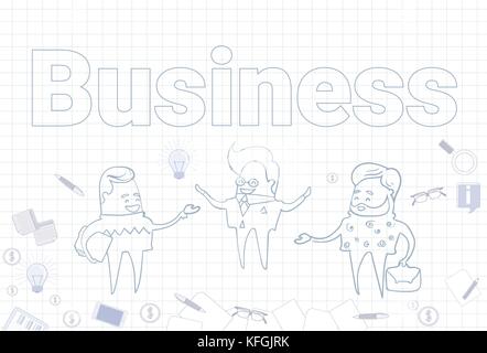 Business Banner With Sketch Businesspeople And Icons Over Squared Background Stock Vector