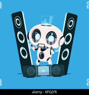 Modern Robot Standing On Audio Speakers On Blue Background Cute Cartoon Character Artificial Intelligence Concept Stock Vector